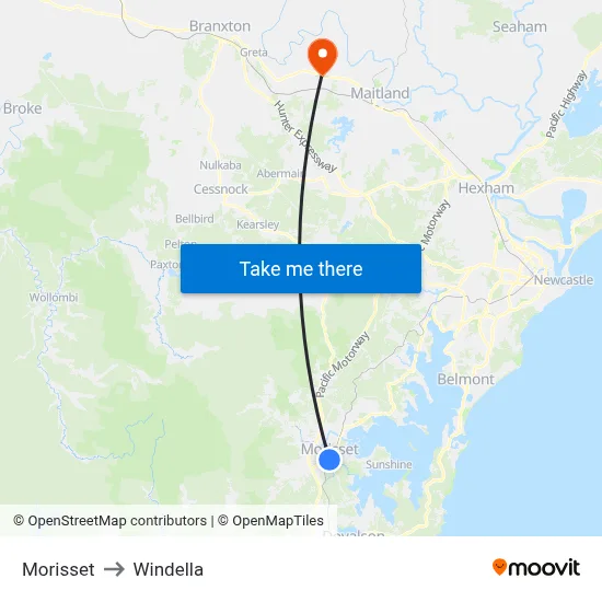 Morisset to Windella map