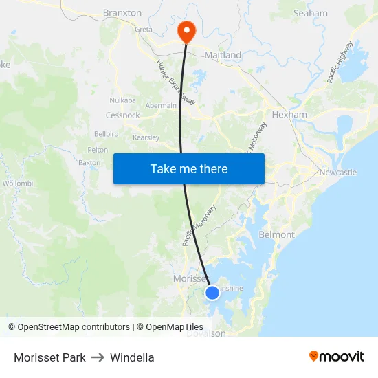 Morisset Park to Windella map