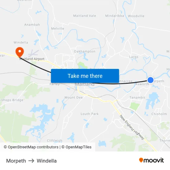 Morpeth to Windella map