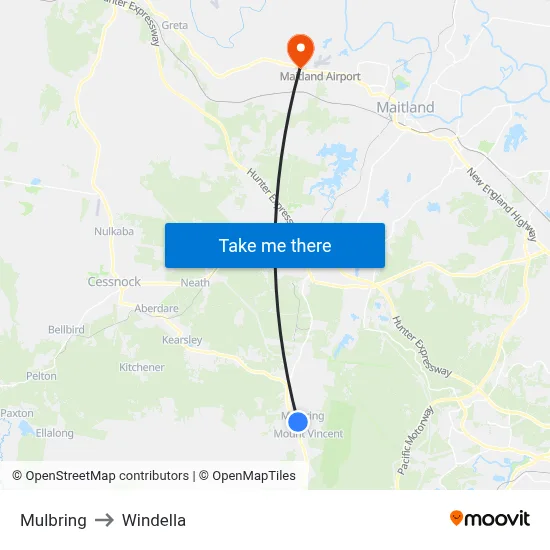 Mulbring to Windella map