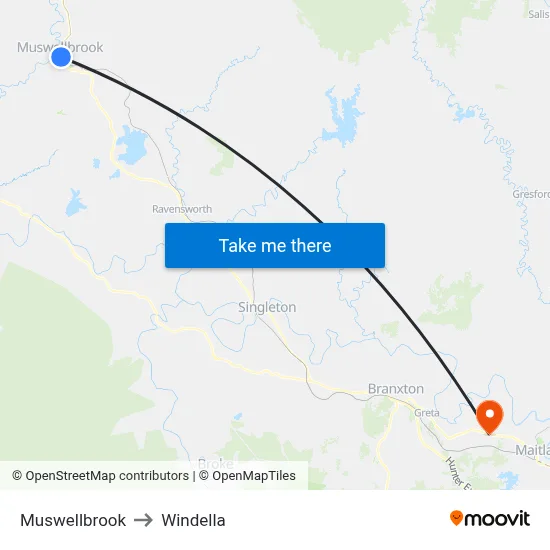 Muswellbrook to Windella map