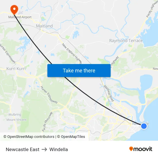 Newcastle East to Windella map