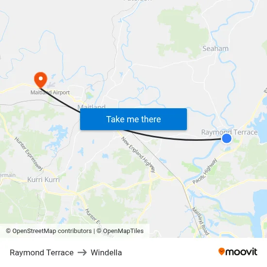 Raymond Terrace to Windella map