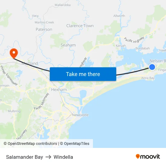 Salamander Bay to Windella map
