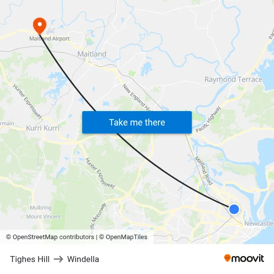 Tighes Hill to Windella map