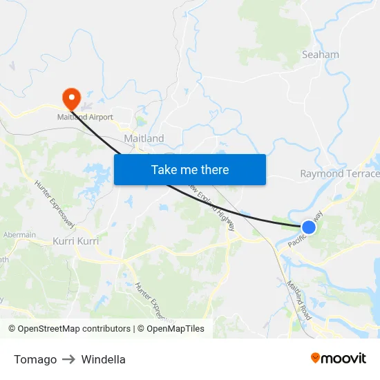 Tomago to Windella map