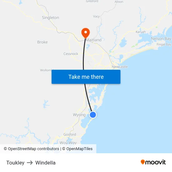 Toukley to Windella map