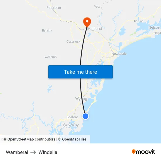 Wamberal to Windella map