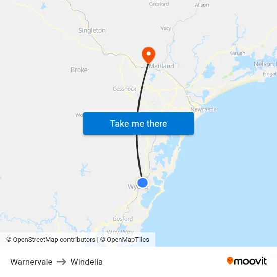 Warnervale to Windella map