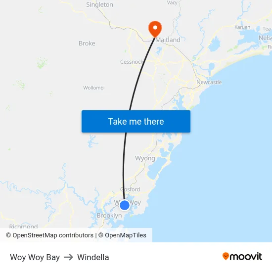 Woy Woy Bay to Windella map