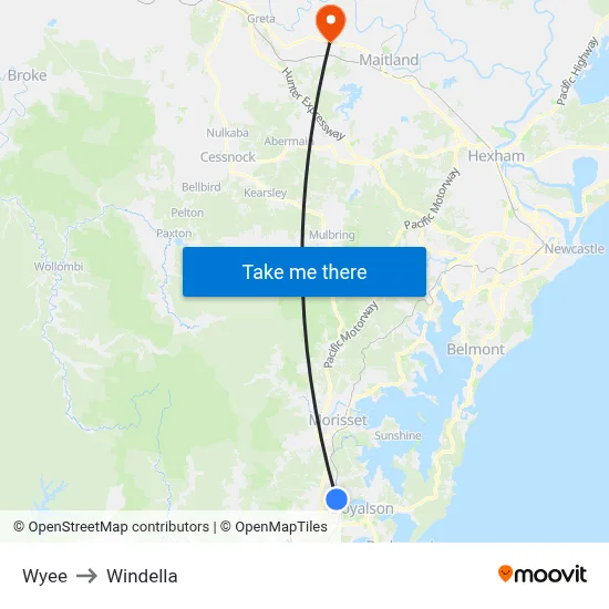 Wyee to Windella map