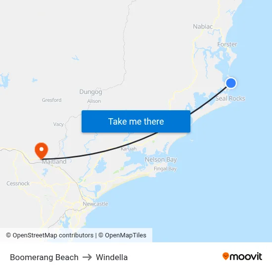 Boomerang Beach to Windella map