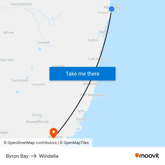 Byron Bay to Windella map