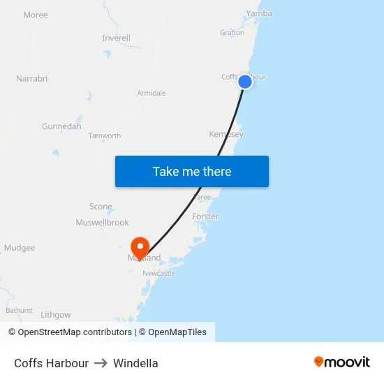 Coffs Harbour to Windella map