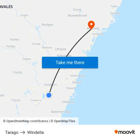 Tarago to Windella map