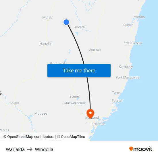 Warialda to Windella map