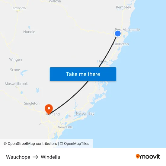 Wauchope to Windella map