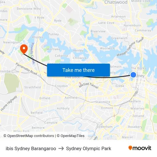 ibis Sydney Barangaroo to Sydney Olympic Park map