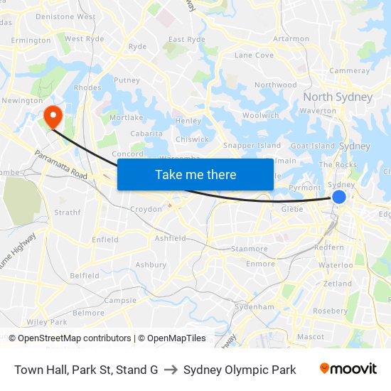 Town Hall, Park St, Stand G to Sydney Olympic Park map