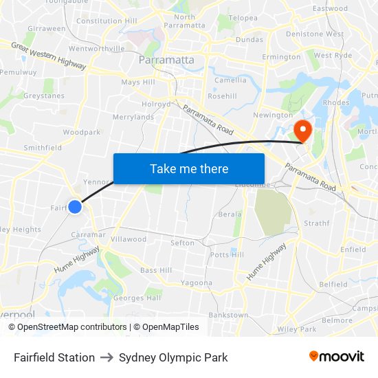 Fairfield Station to Sydney Olympic Park map