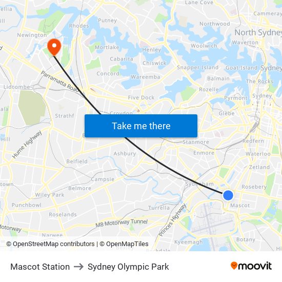 Mascot Station to Sydney Olympic Park map