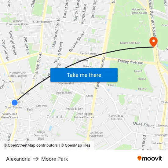 Alexandria to Moore Park map