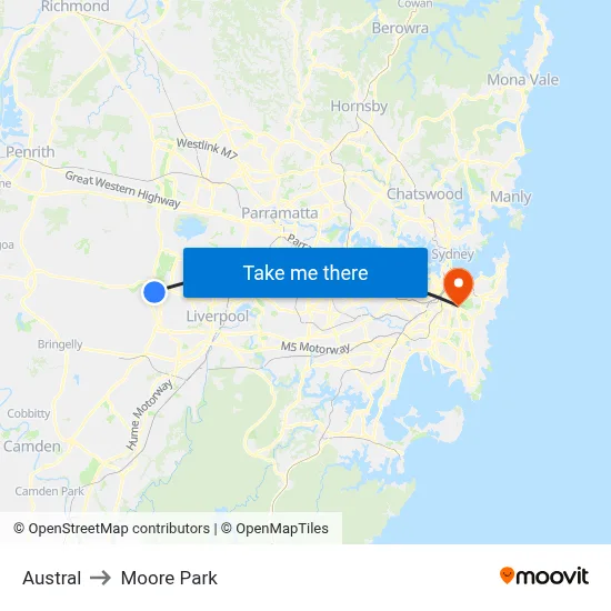 Austral to Moore Park map