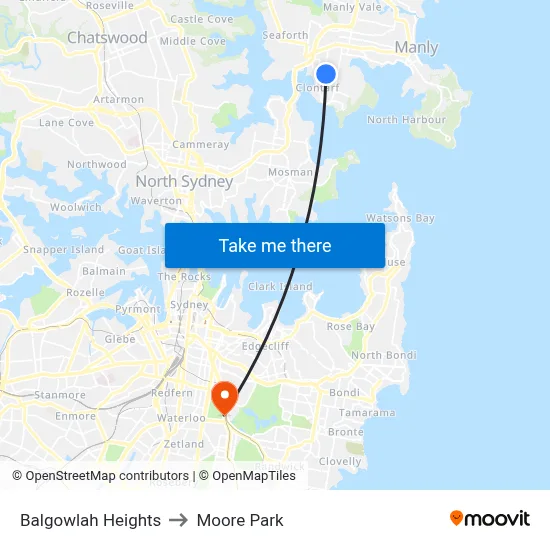 Balgowlah Heights to Moore Park map