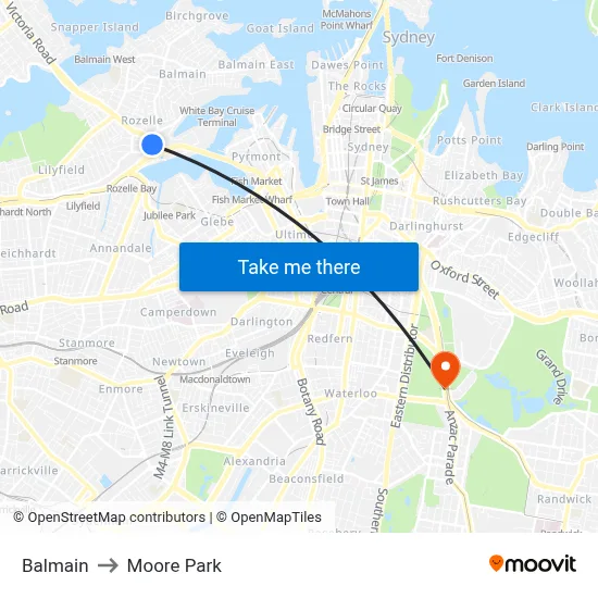 Balmain to Moore Park map