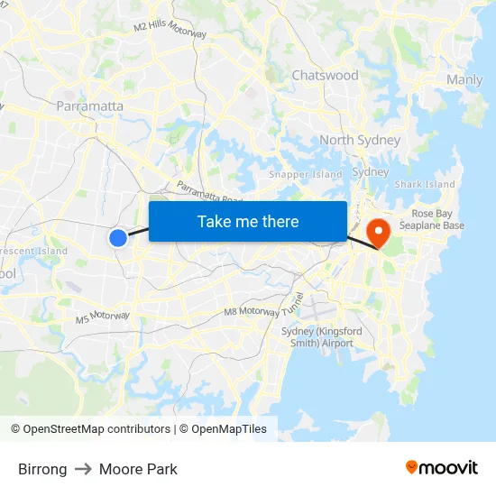 Birrong to Moore Park map