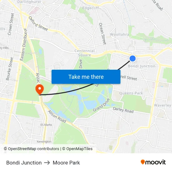 Bondi Junction to Moore Park map