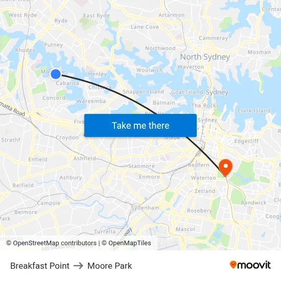 Breakfast Point to Moore Park map