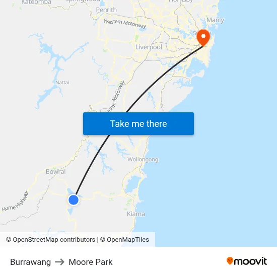 Burrawang to Moore Park map
