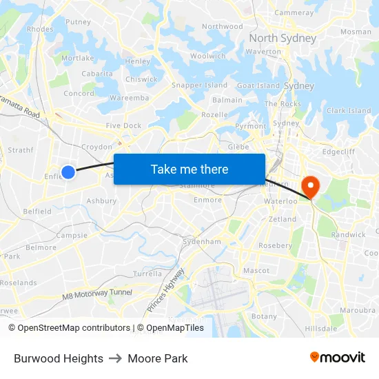 Burwood Heights to Moore Park map