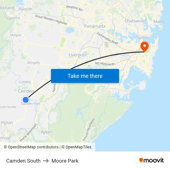 Camden South to Moore Park map