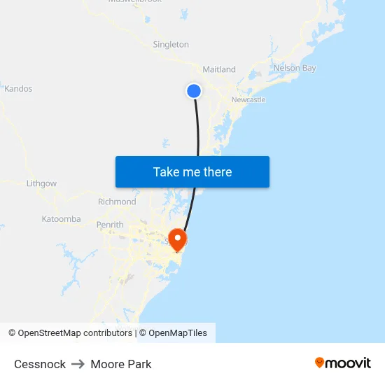 Cessnock to Moore Park map