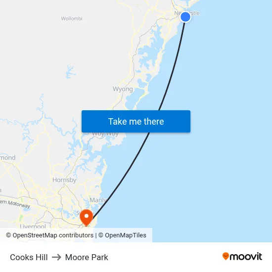 Cooks Hill to Moore Park map