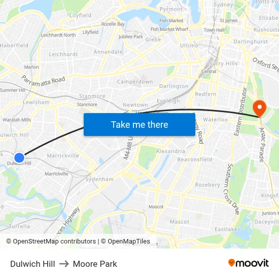 Dulwich Hill to Moore Park map