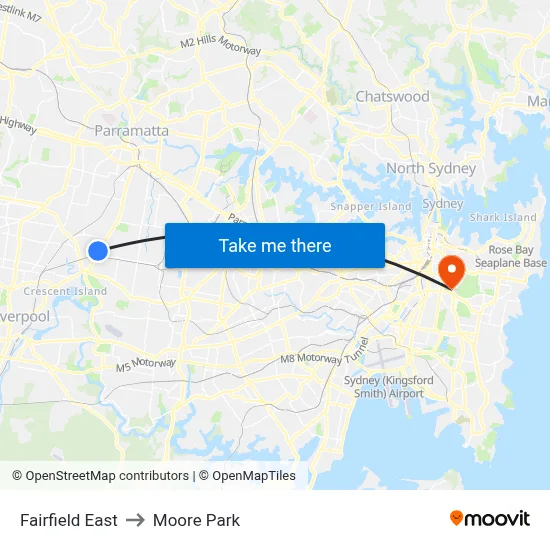 Fairfield East to Moore Park map