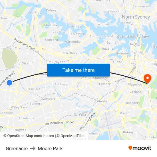 Greenacre to Moore Park map