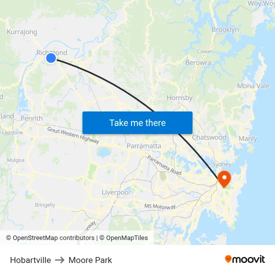 Hobartville to Moore Park map
