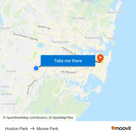 Hoxton Park to Moore Park map
