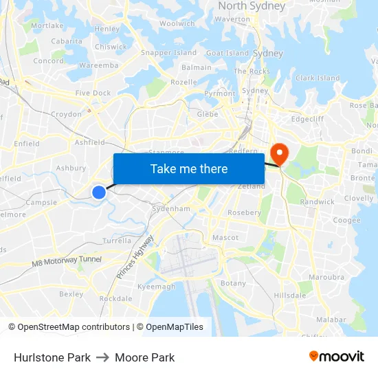Hurlstone Park to Moore Park map