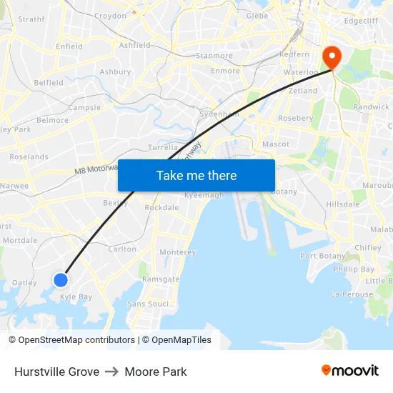 Hurstville Grove to Moore Park map