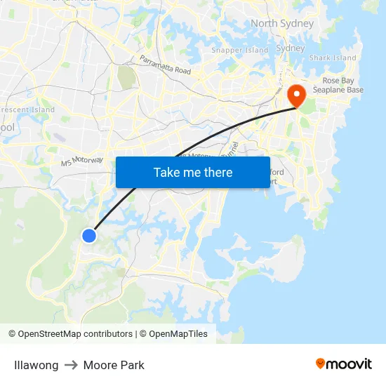 Illawong to Moore Park map
