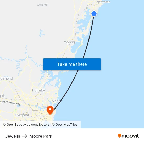 Jewells to Moore Park map