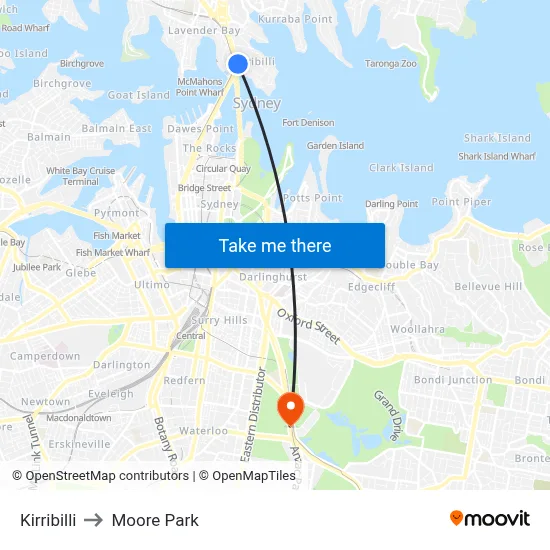 Kirribilli to Moore Park map