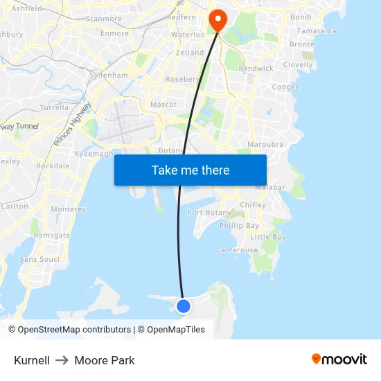 Kurnell to Moore Park map