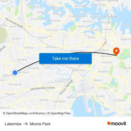 Lakemba to Moore Park map
