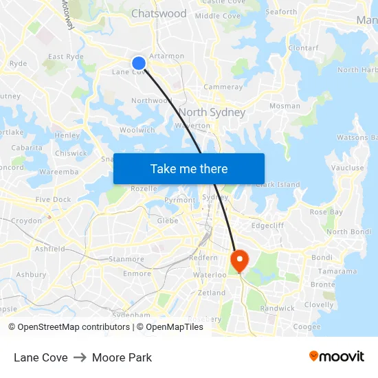 Lane Cove to Moore Park map